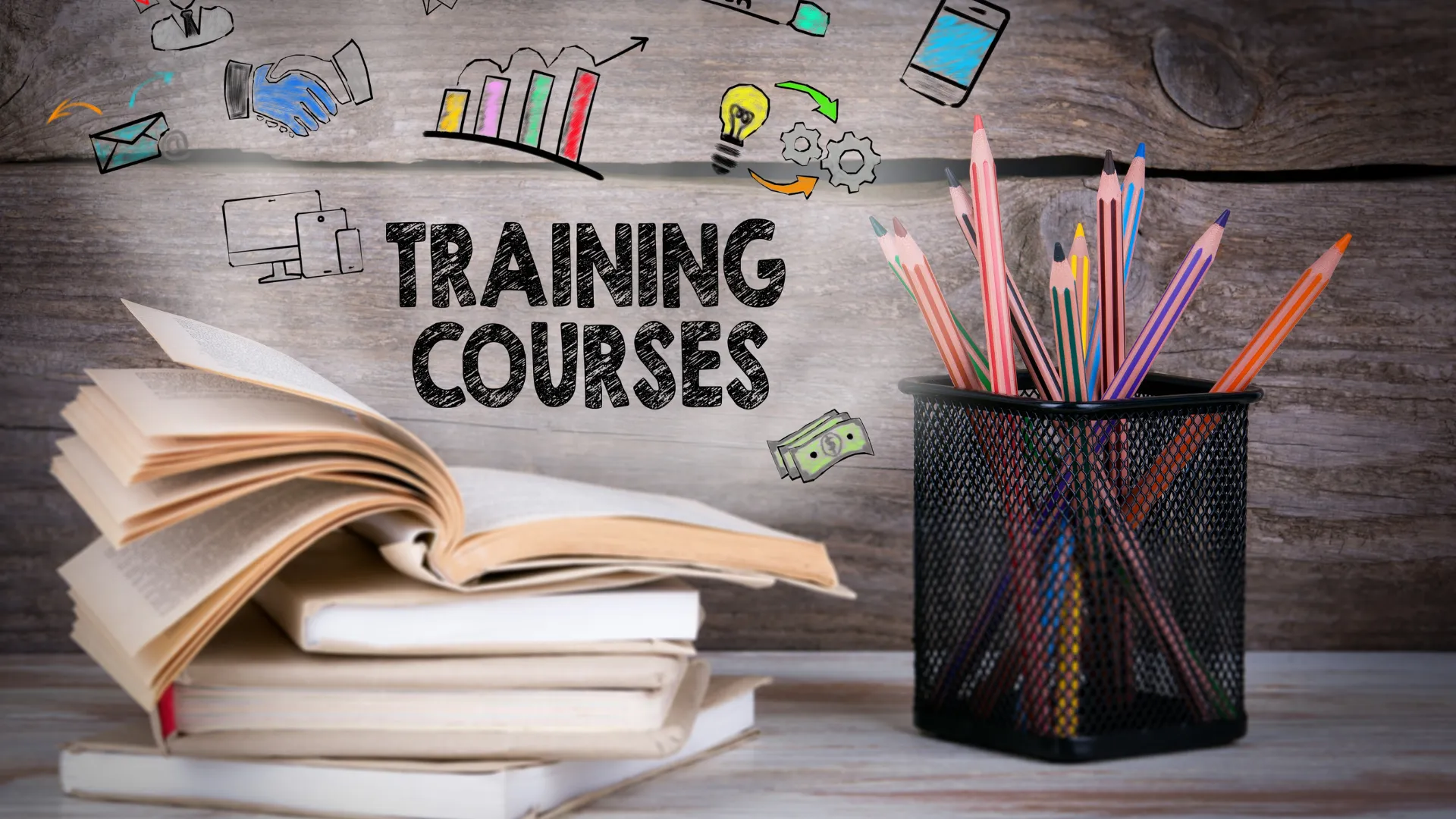 Books, pencils, and training-related icons with the text 'Training Courses' on a wooden background