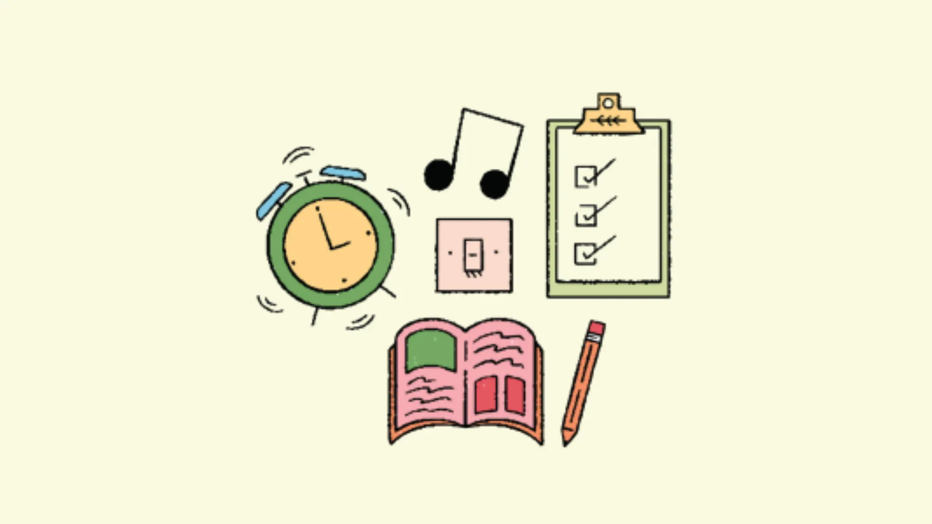 Cartoon picture of items that can be found in a classroom e.g. a clock, a textbook, a clipboard, a pencil and a music note.