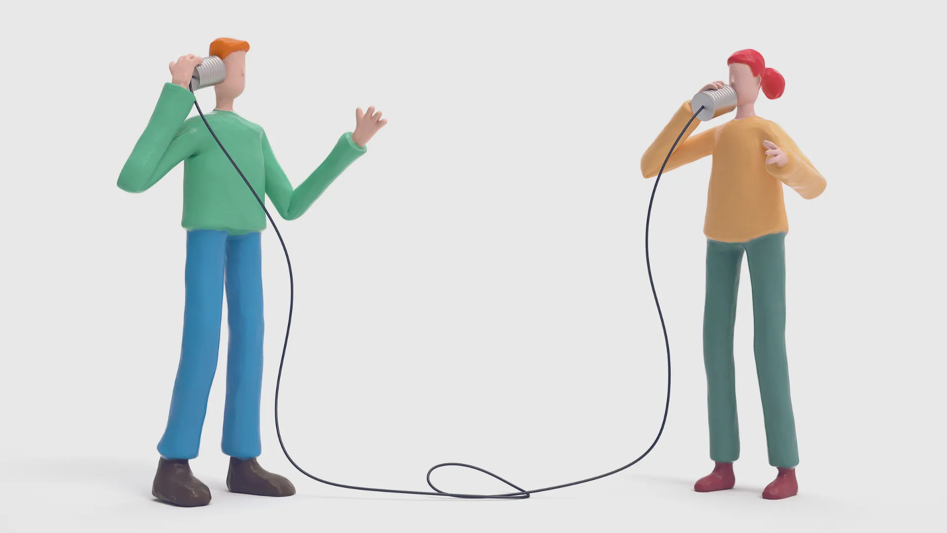 Two cartoon figures using a string telephone