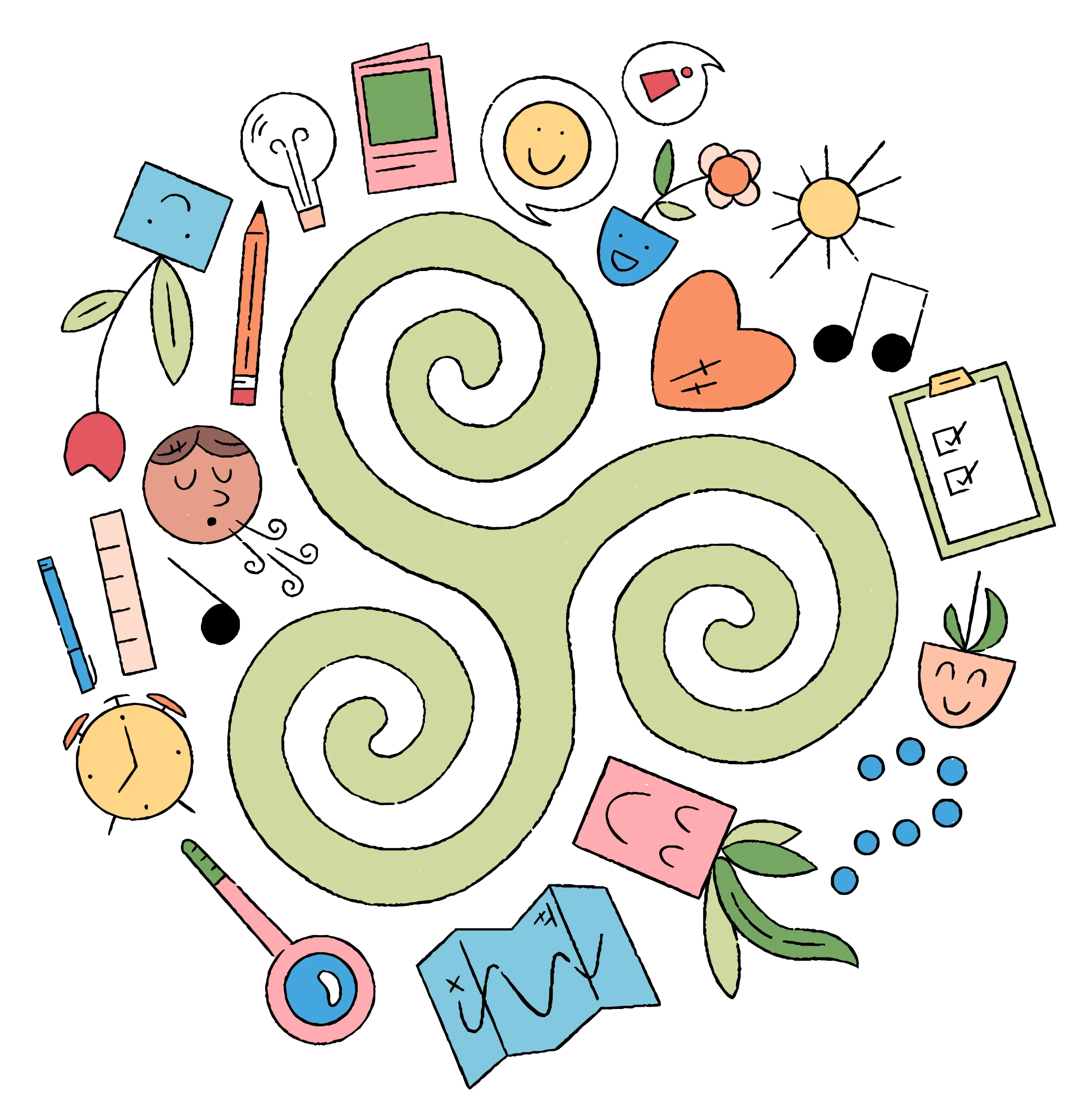 Triskelion symbol surrounded by various activity icons