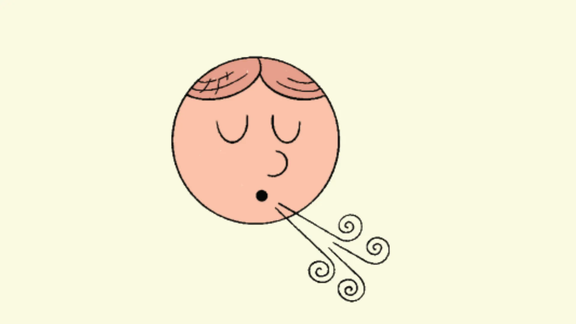 A cartoon picture of a human head. The eyes are closed and the mouth is blowing out air.
