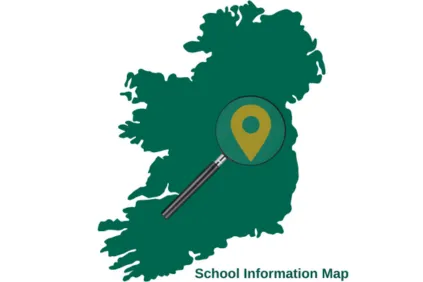 Map of Ireland with a magnifying glass highlighting a location and the text "School Information Map" below
