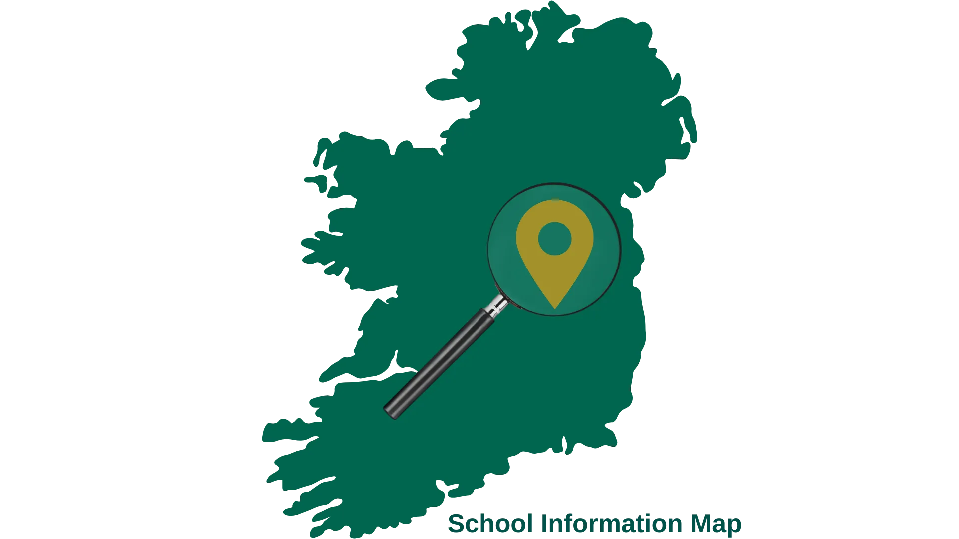Map of Ireland with a magnifying glass highlighting a location and the text "School Information Map" below