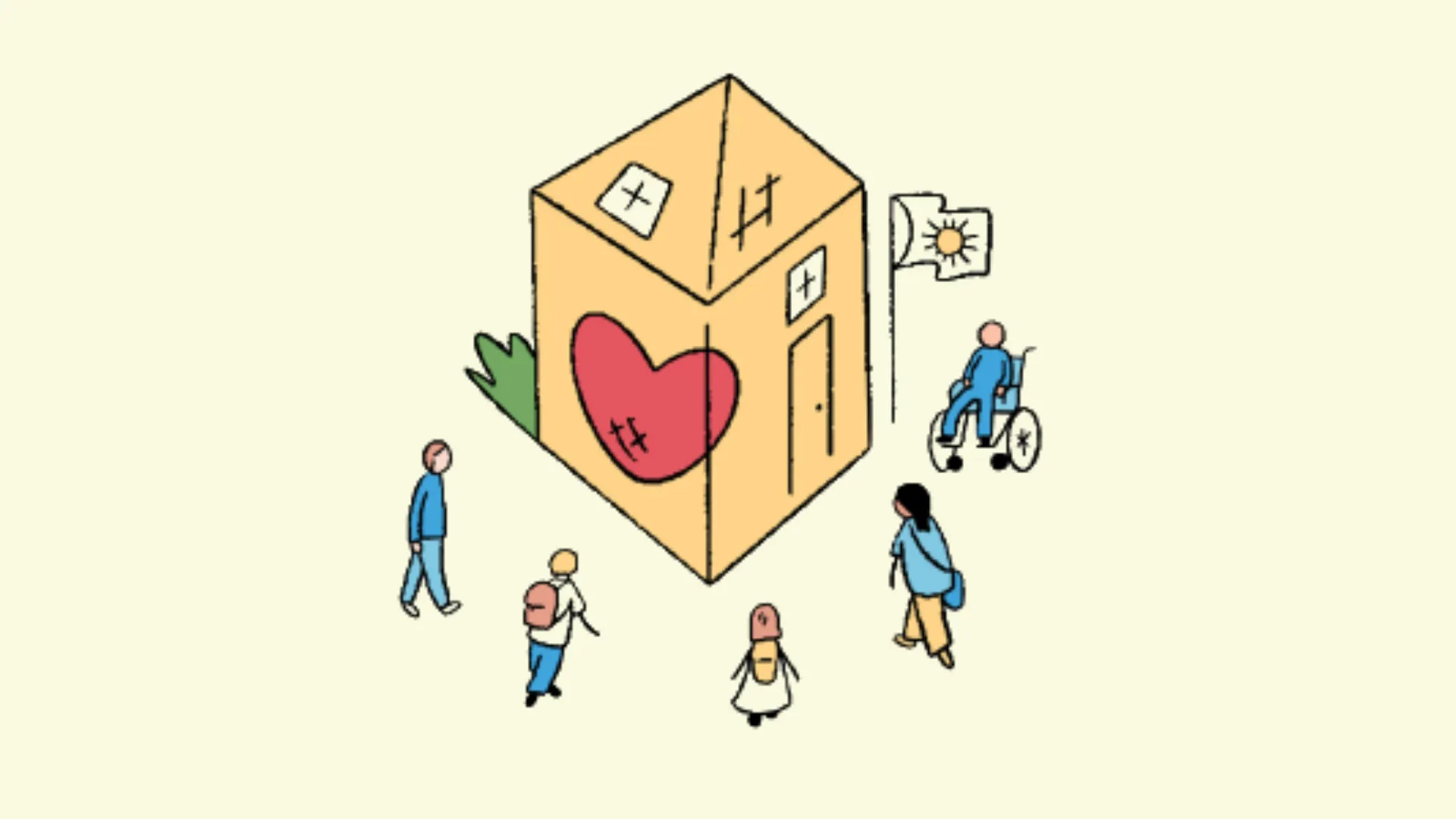 Cartoon picture of a school with a loveheart painted on the wall. Staff and children are walking towards the school.