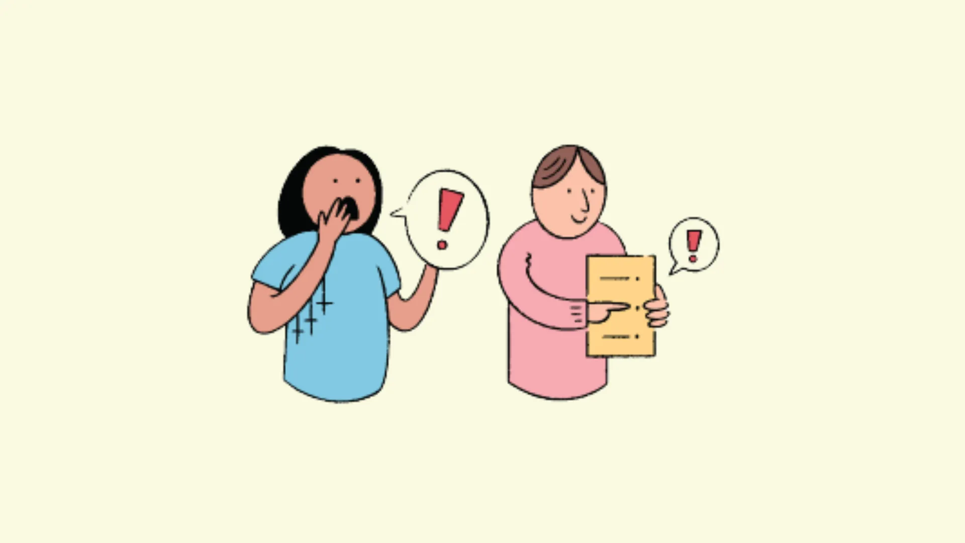 A cartoon picture of 2 students standing side by side. One is holding a page while the other is holding their hand to the side of their mouth. One is talking while the other is smiling.