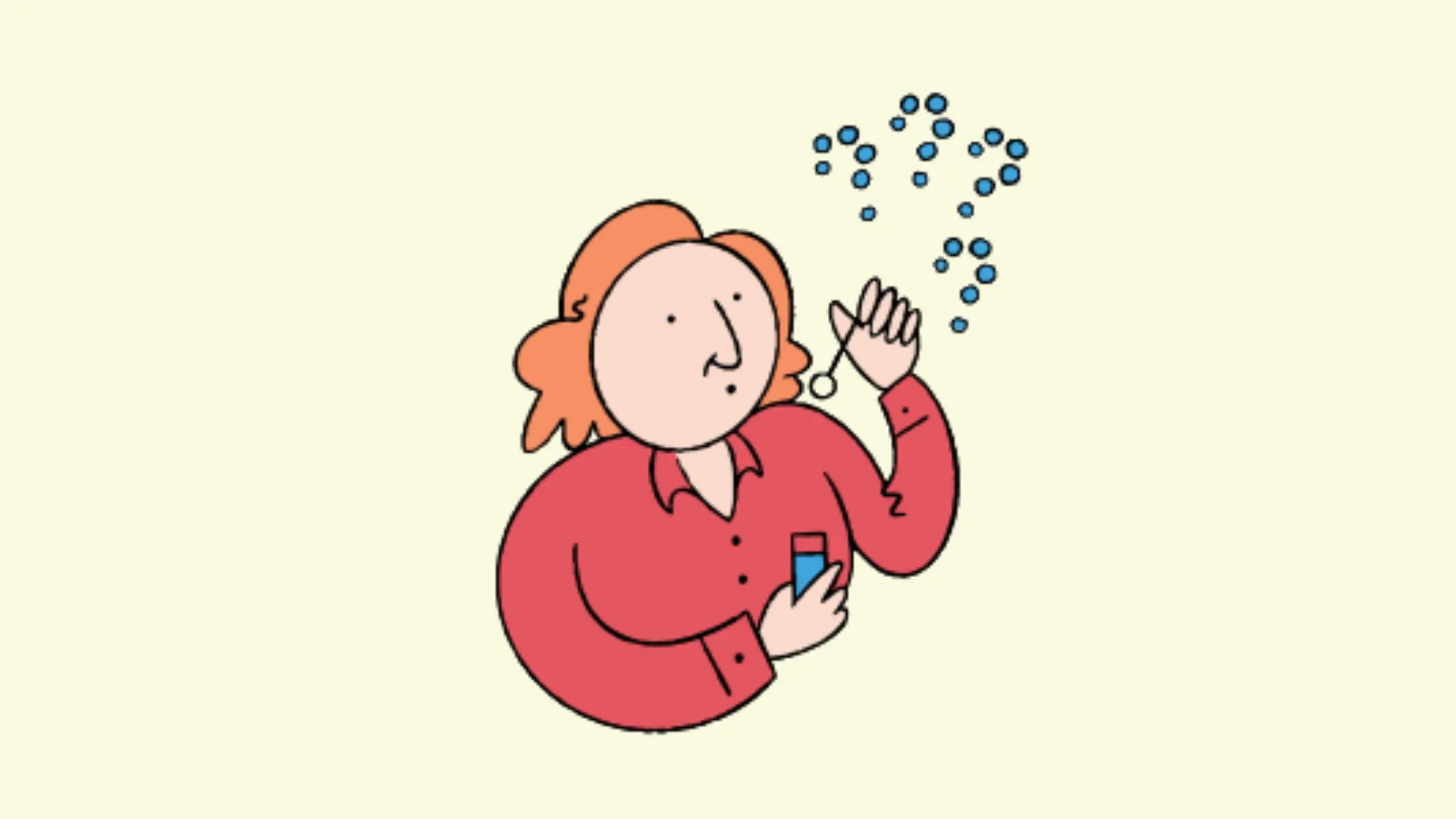 A picture of a middle-aged female cartoon character blowing bubbles. Character is a teacher.