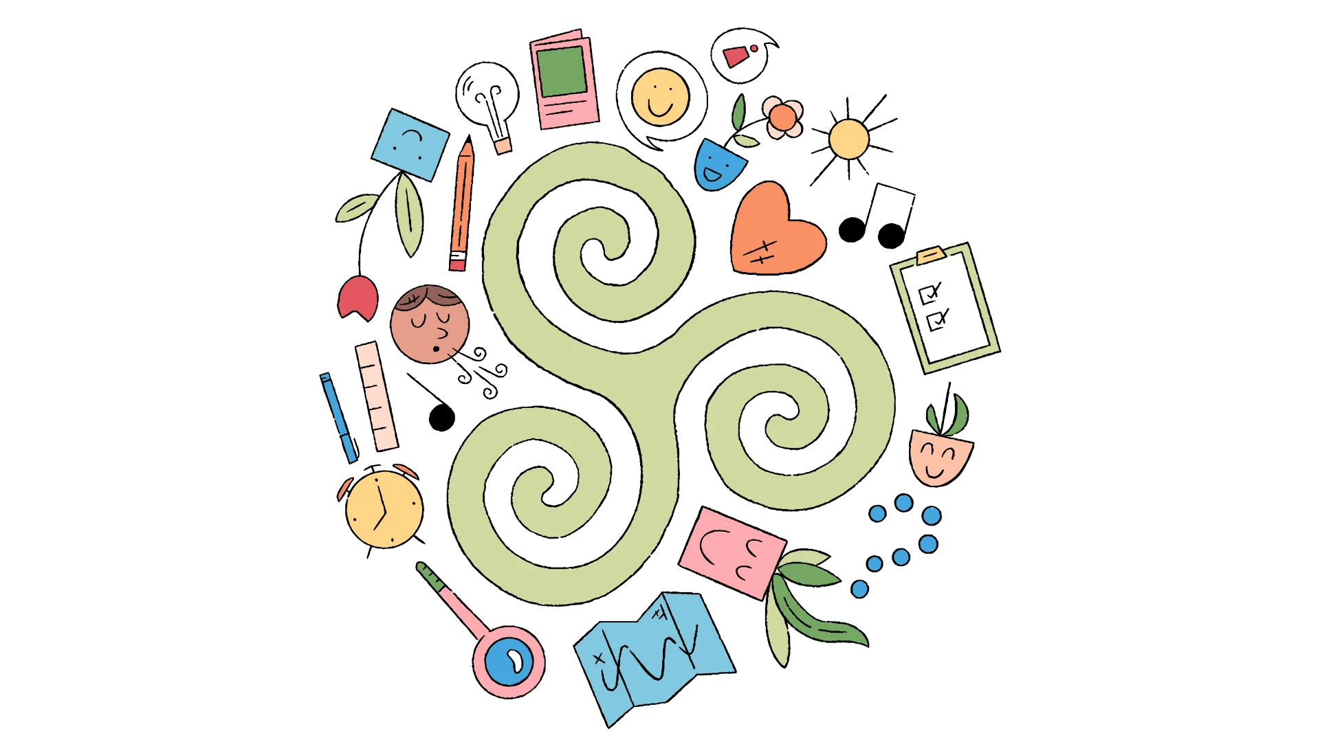 Triskelion symbol surrounded by various activity icons