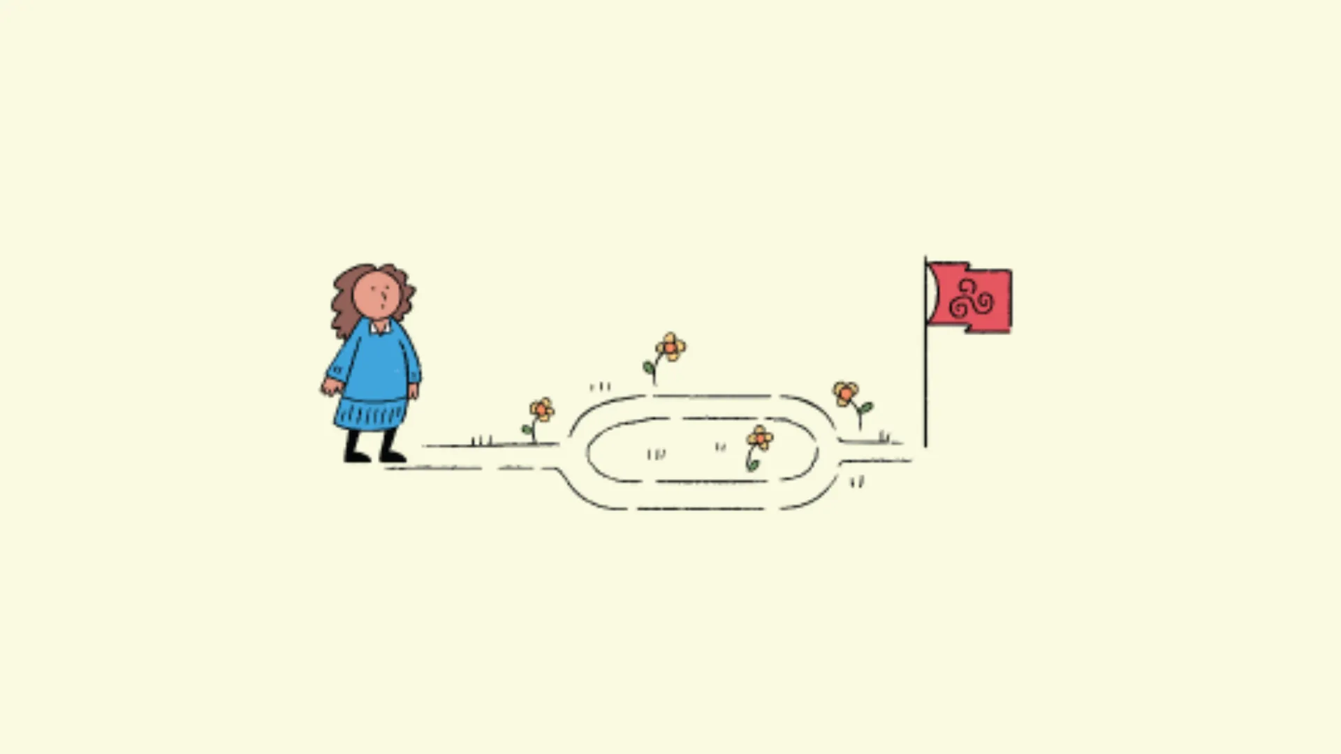 Cartoon image of a woman at the beginning of a path which seperates into 2 paths before rejoining into a single path and reaching a destination marked with a flag.