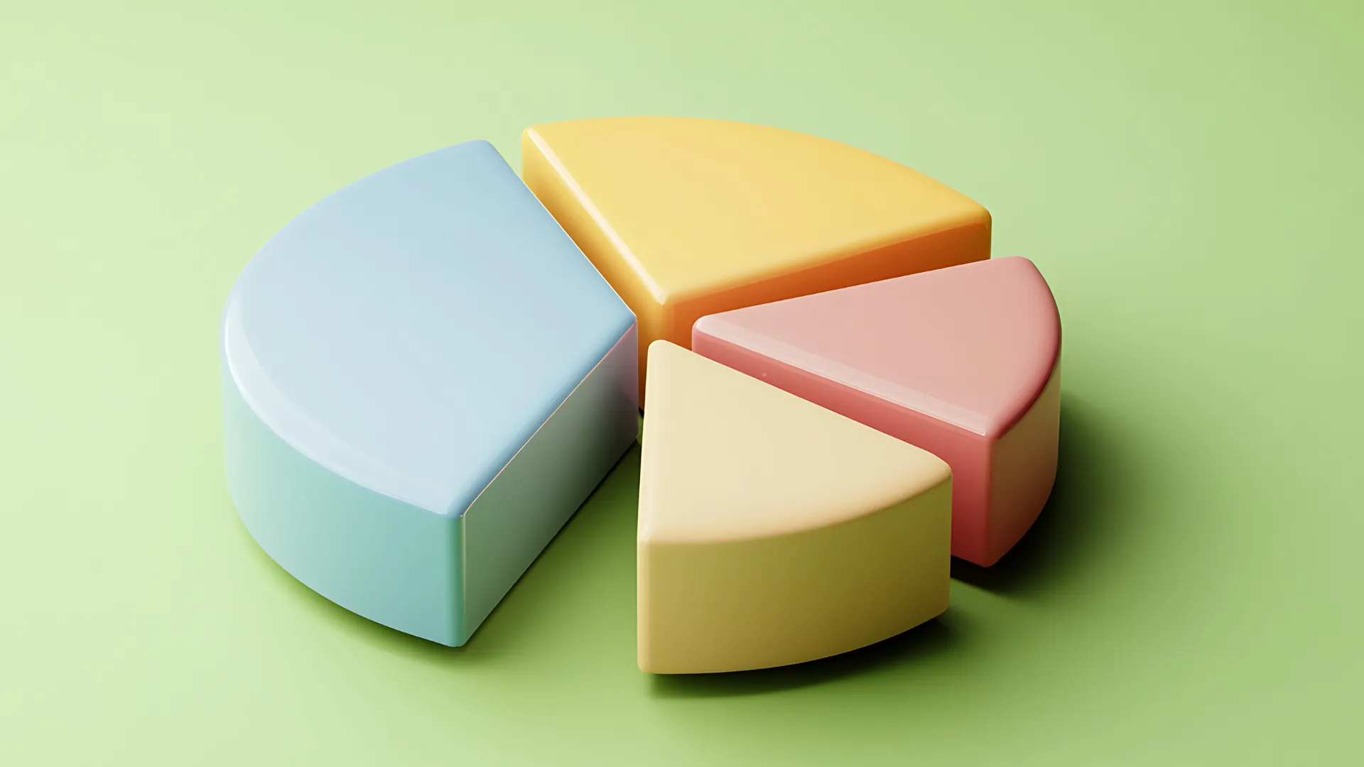 A 3D pie chart with four segments in different colours (blue, yellow, pink, and beige) on a light green background depicting allocation