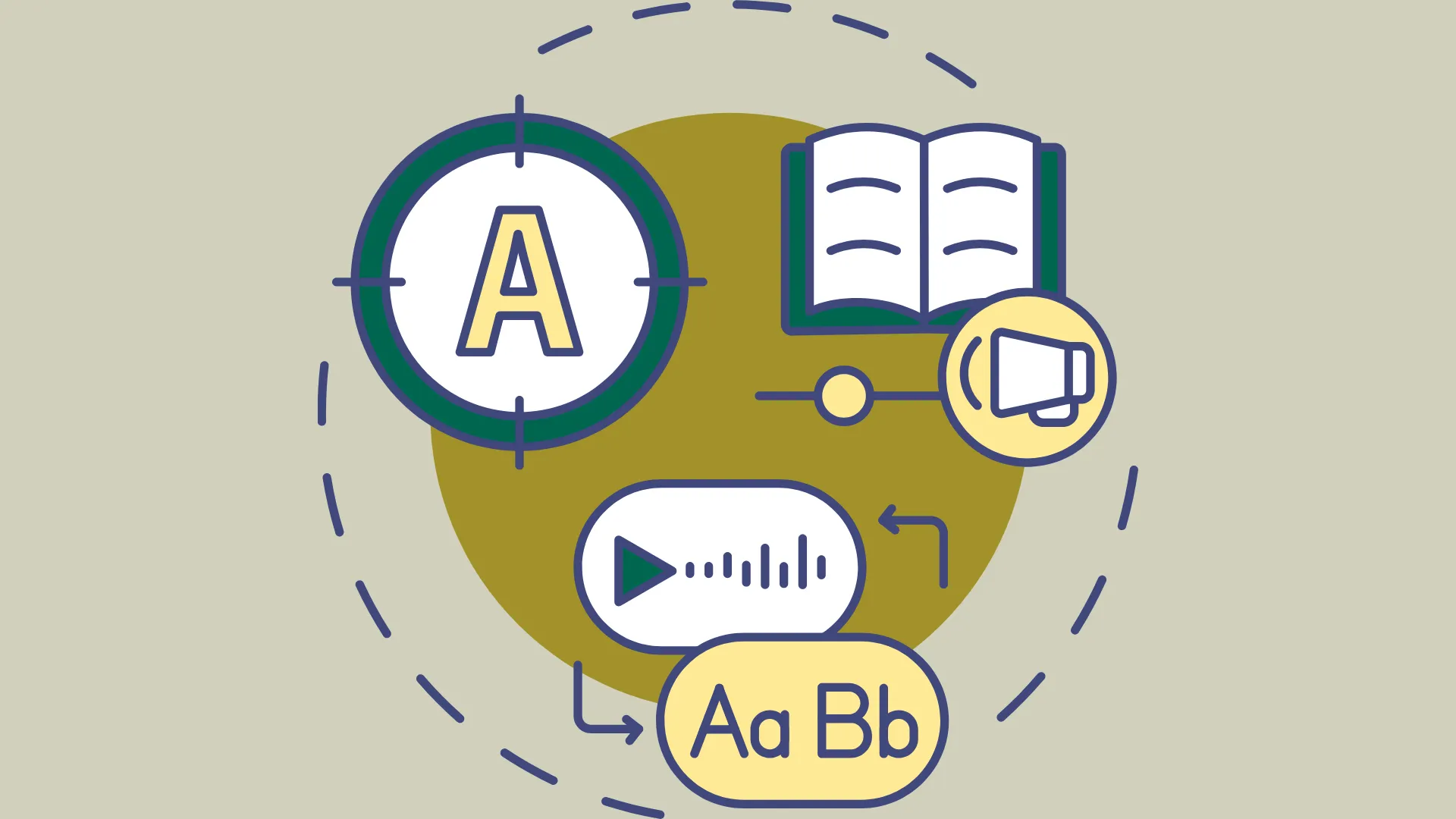 Image with various icons related to assistive technology for reading, writing, and audio playback