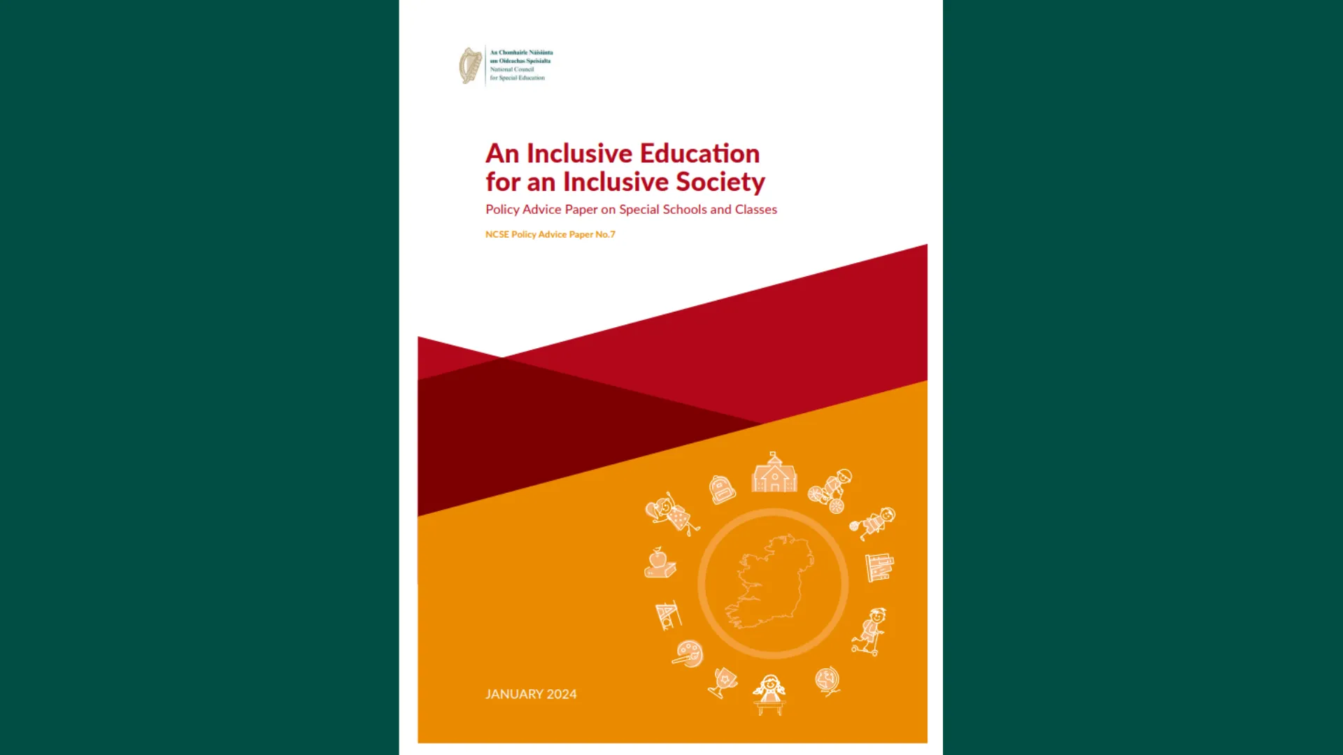 Cover page of a policy advice paper titled "An Inclusive Education for an Inclusive Society" by the Department of Education, January 2024.