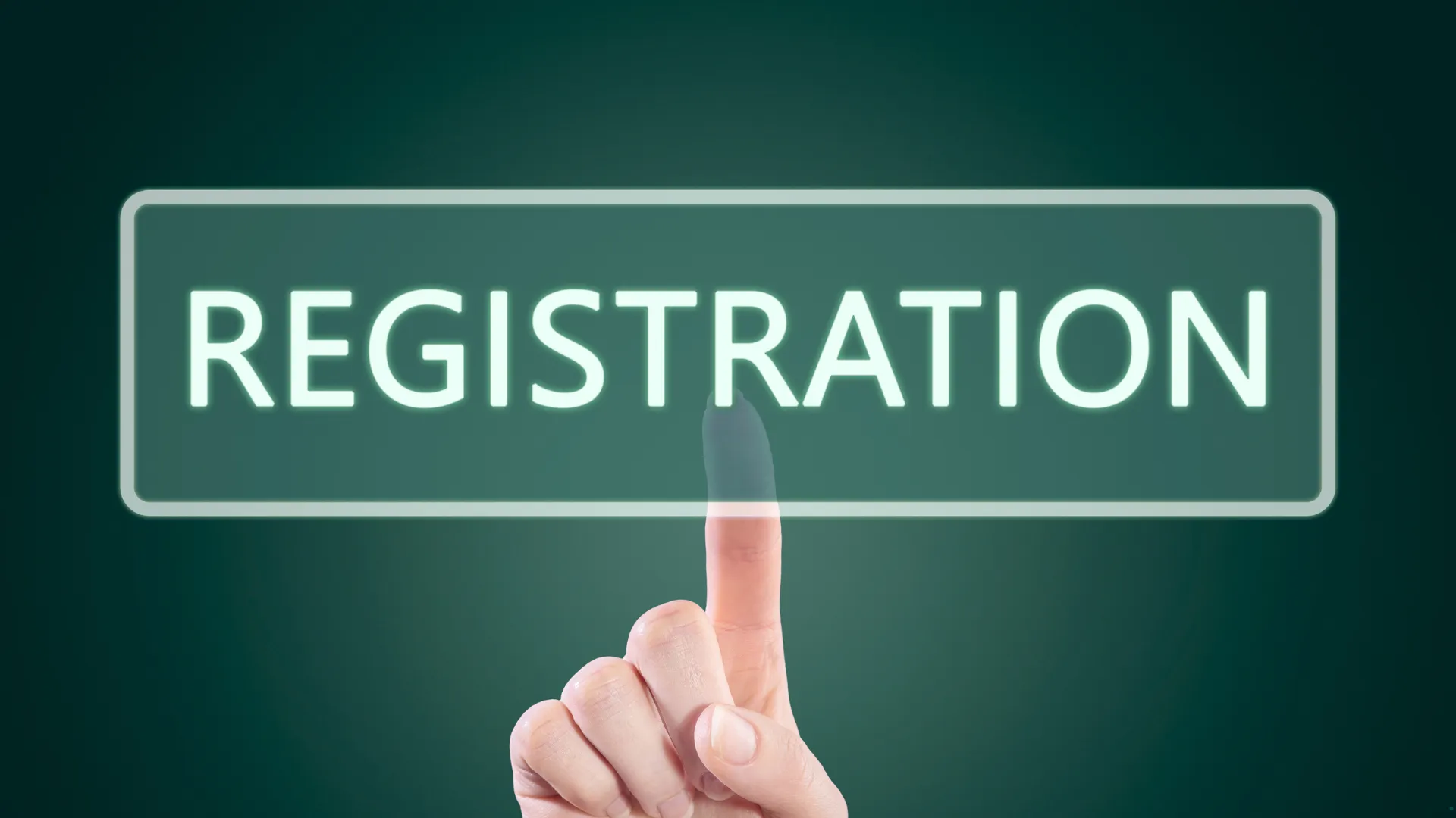 A finger pointing at a virtual button labelled "REGISTRATION" on a dark green background