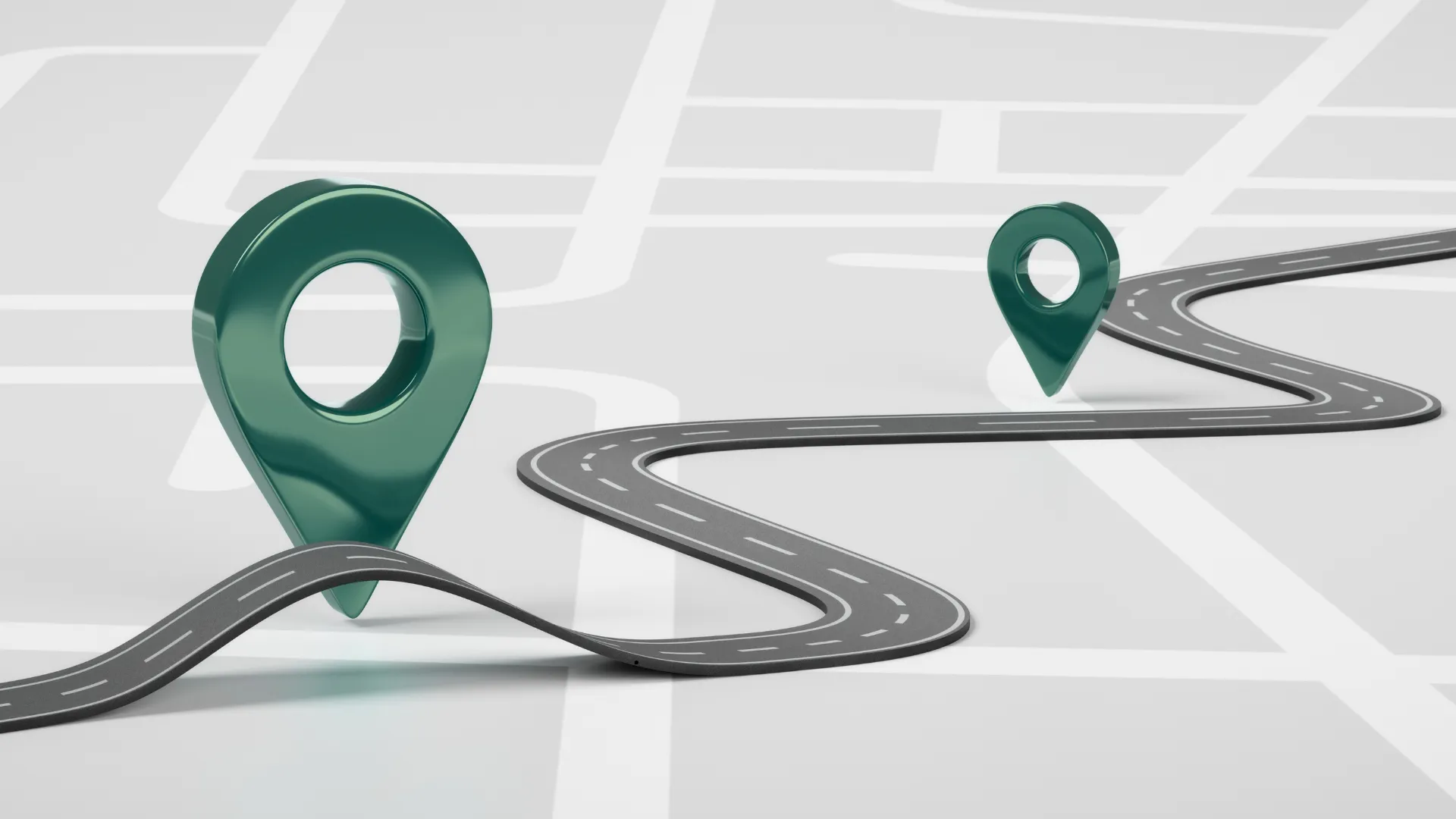 A winding road on a map with two location pins.