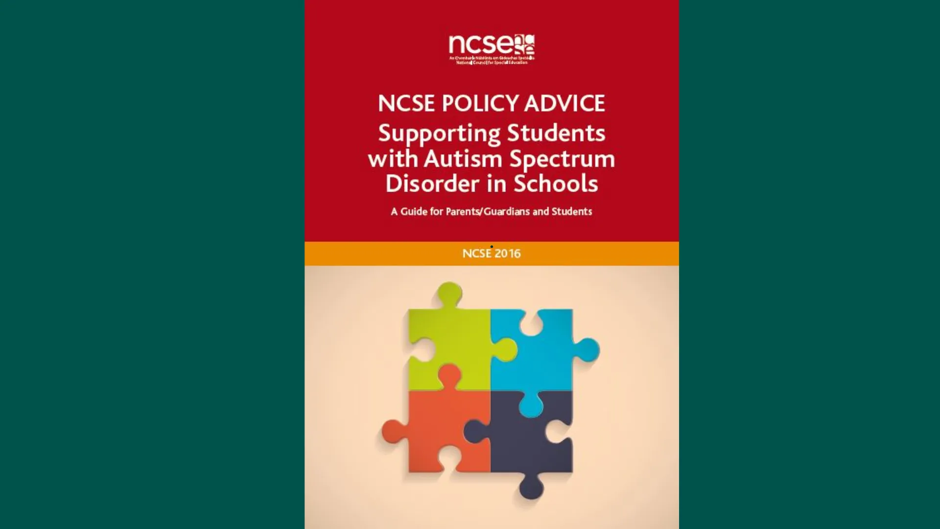 Cover of a guidebook titled "NCSE Policy Advice: Supporting Students with Autism Spectrum Disorder in Schools