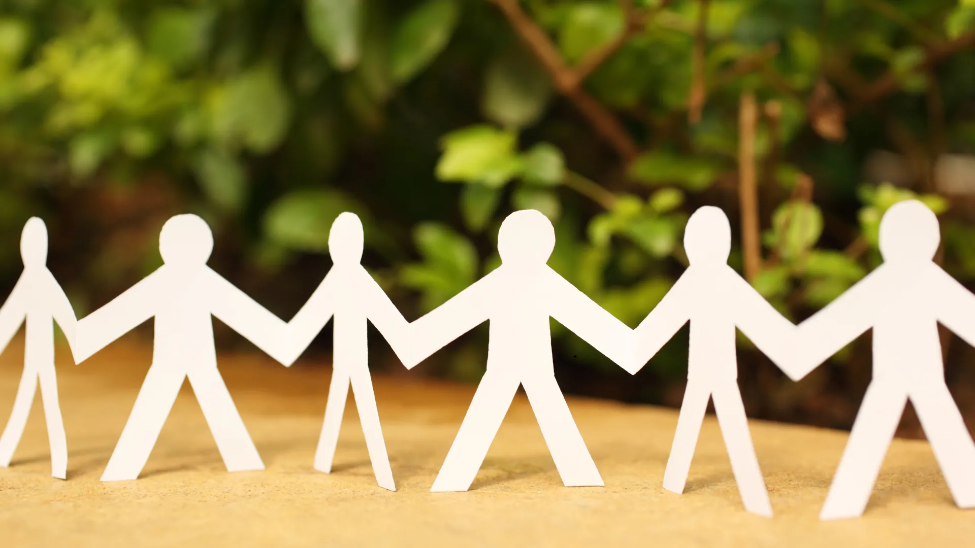 "Paper cut-out figures holding hands in a chain."