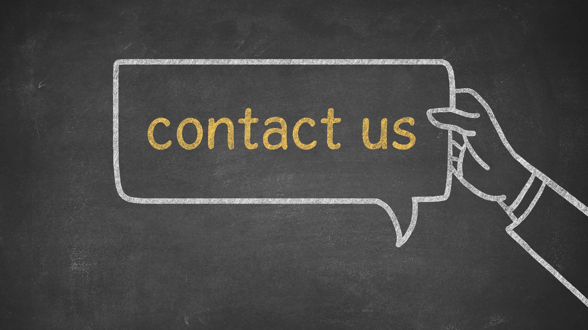 "Contact us" text in a speech bubble held by a hand.