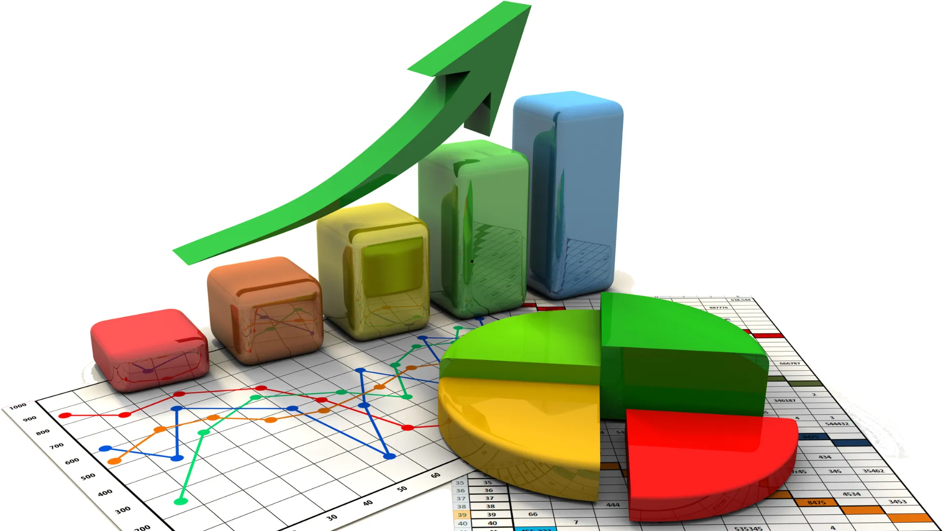 "3D bar and pie charts with an upward arrow on a data sheet."