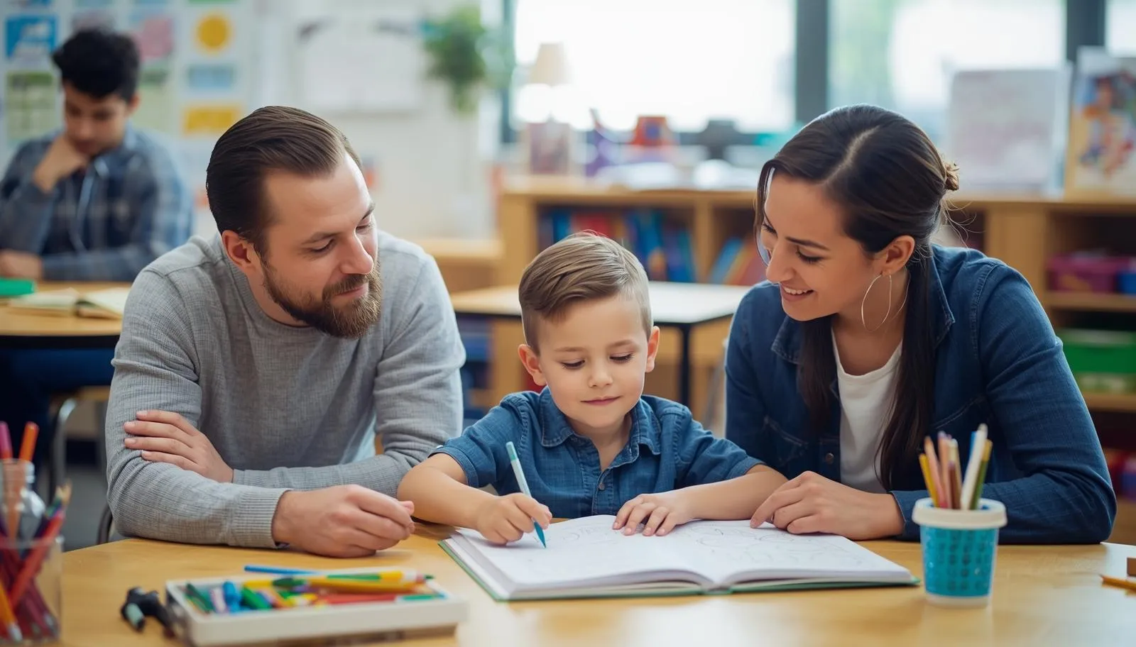 Two adults helping a child with schoolwork at a classroom table