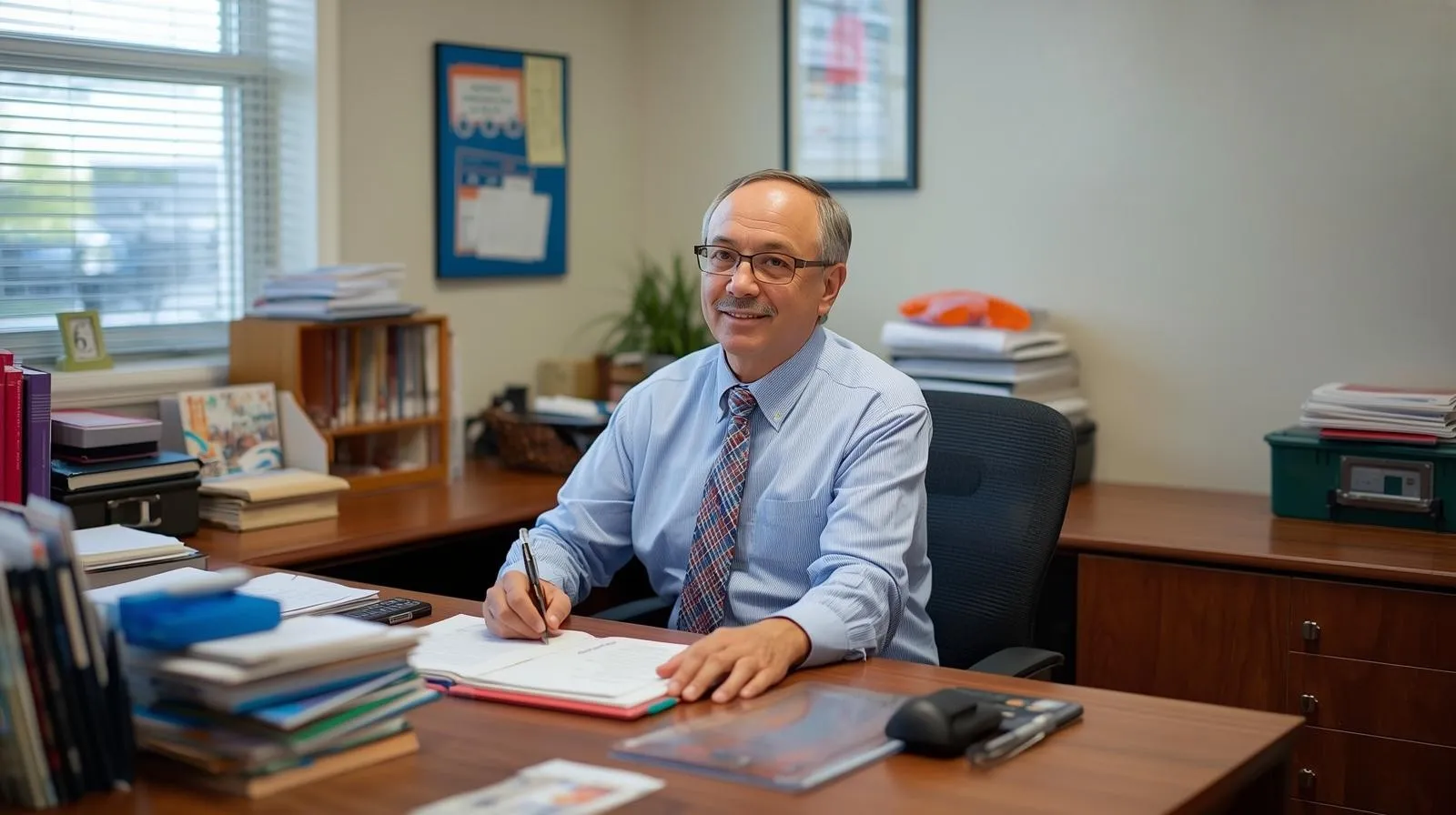 Person in an office writing at a desk with papers and books around