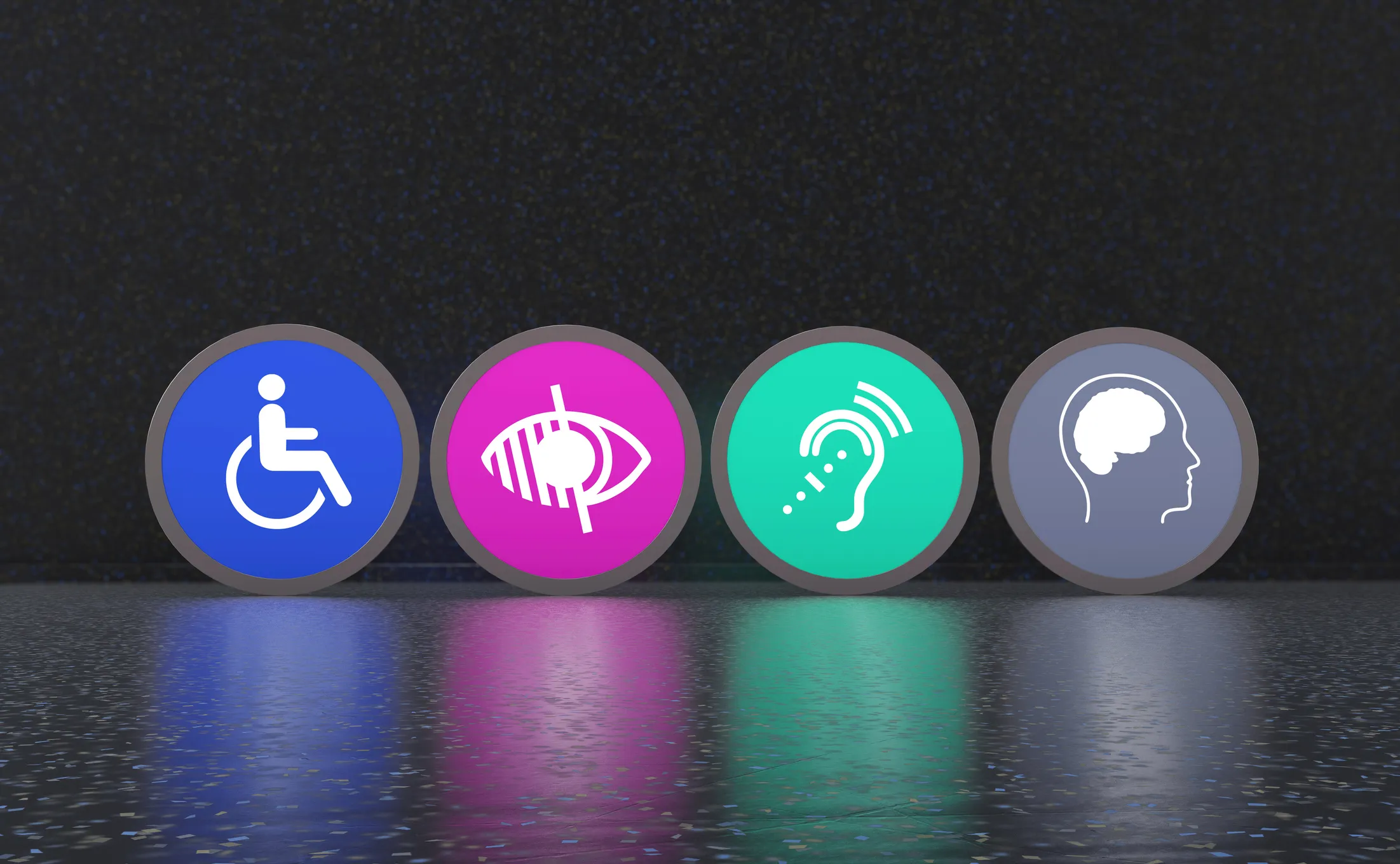 Four circular icons representing mobility, visual, hearing, and cognitive disabilities
