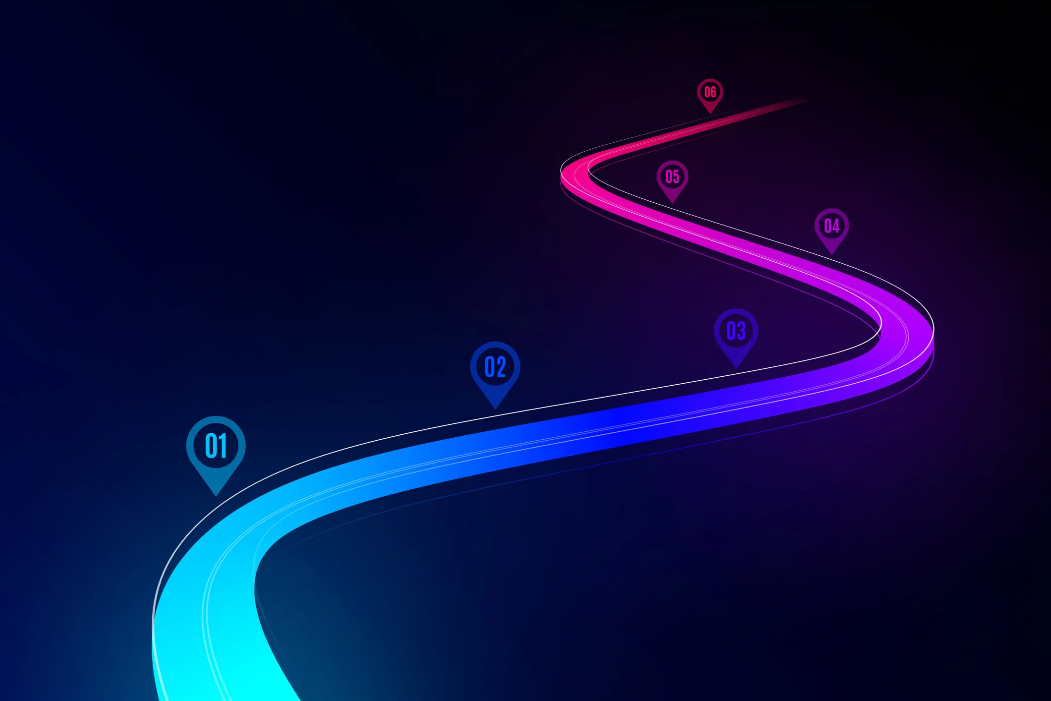 Curved glowing path with numbered markers transitioning from blue to pink