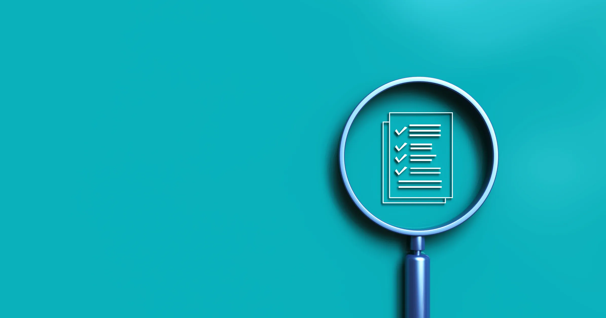 A magnifying glass on a teal background highlighting a simple line‑drawing icon of documents with checked boxes.