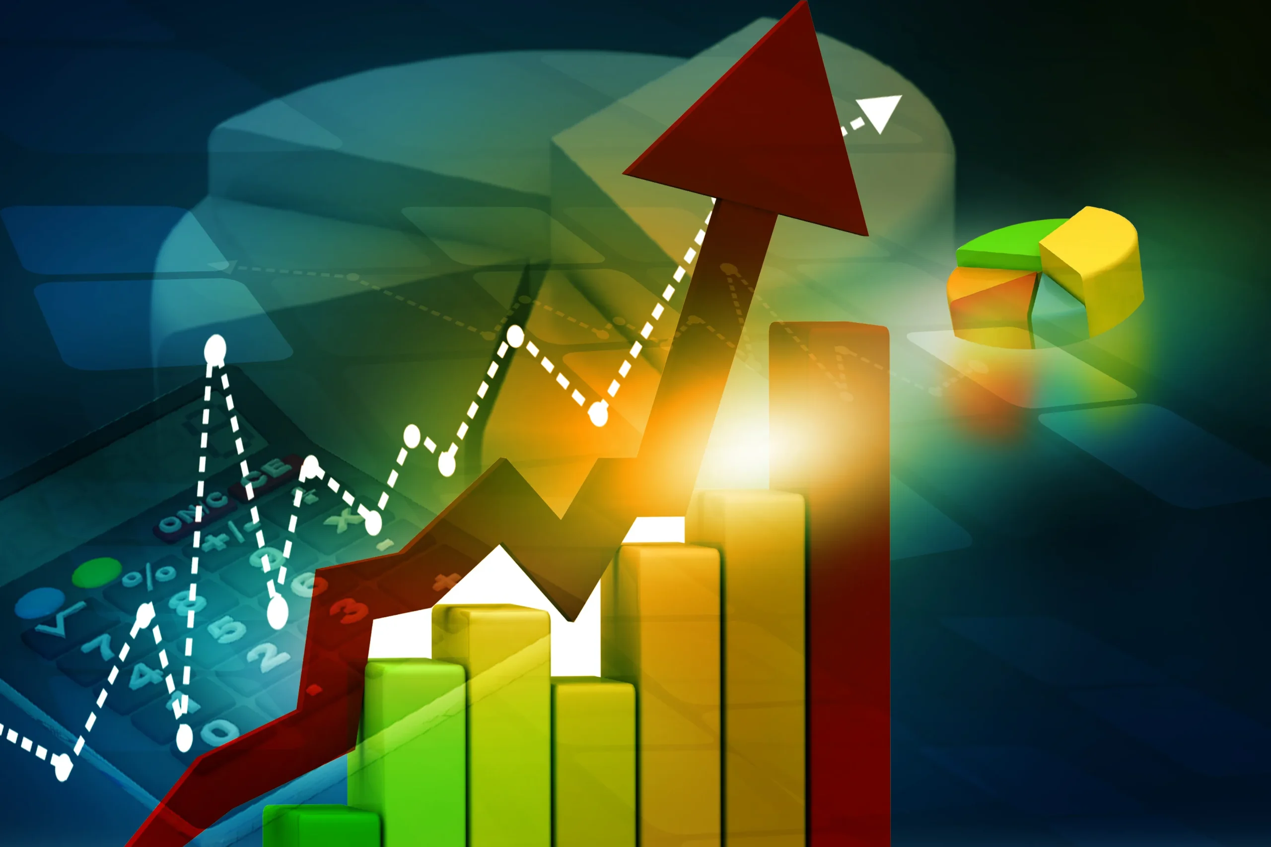 Colorful bar and line graphs with an upward arrow symbolizing business growth