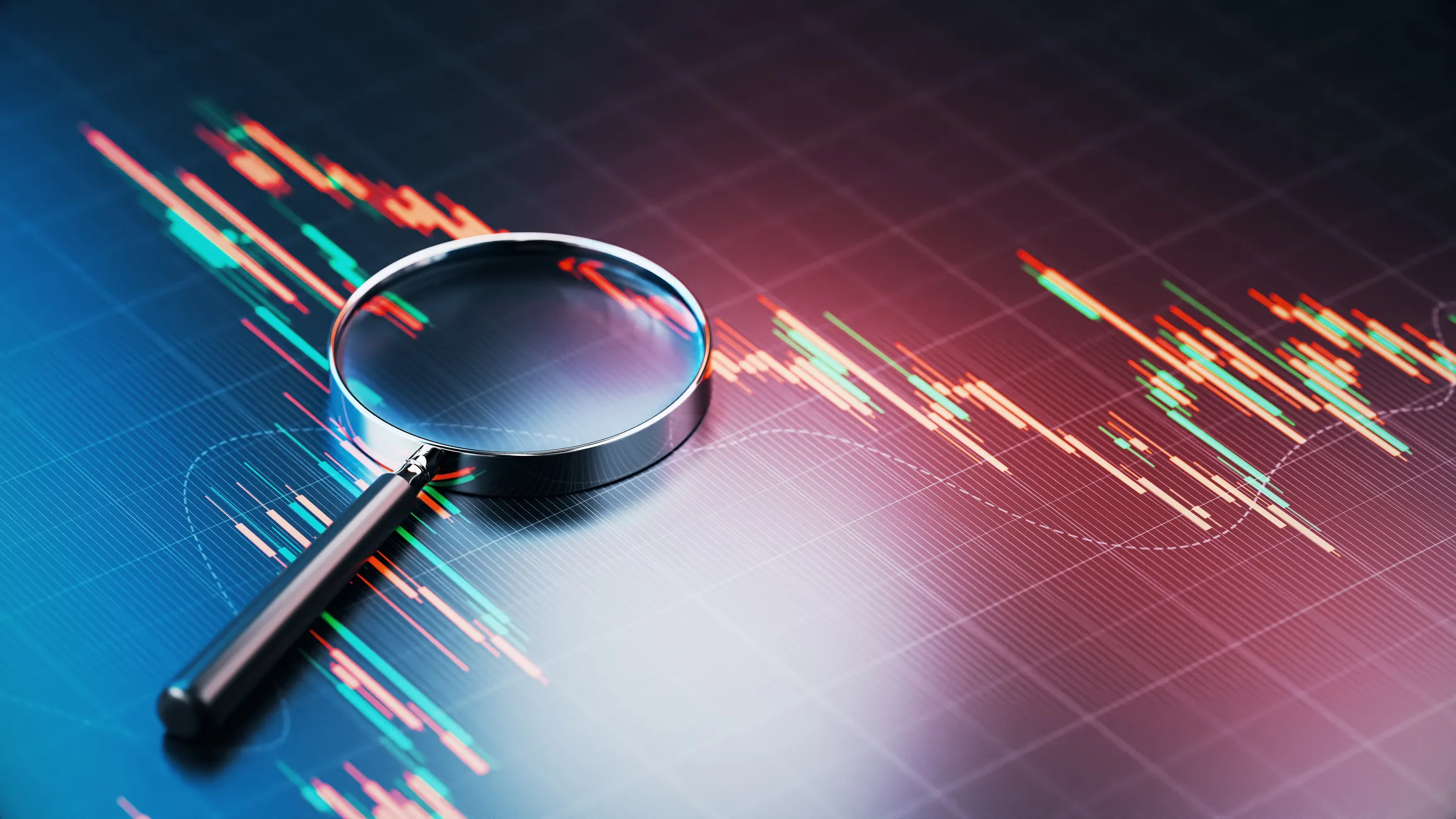 A magnifying glass rests on a digital chart displaying multicolored line graphs on a dark grid background.