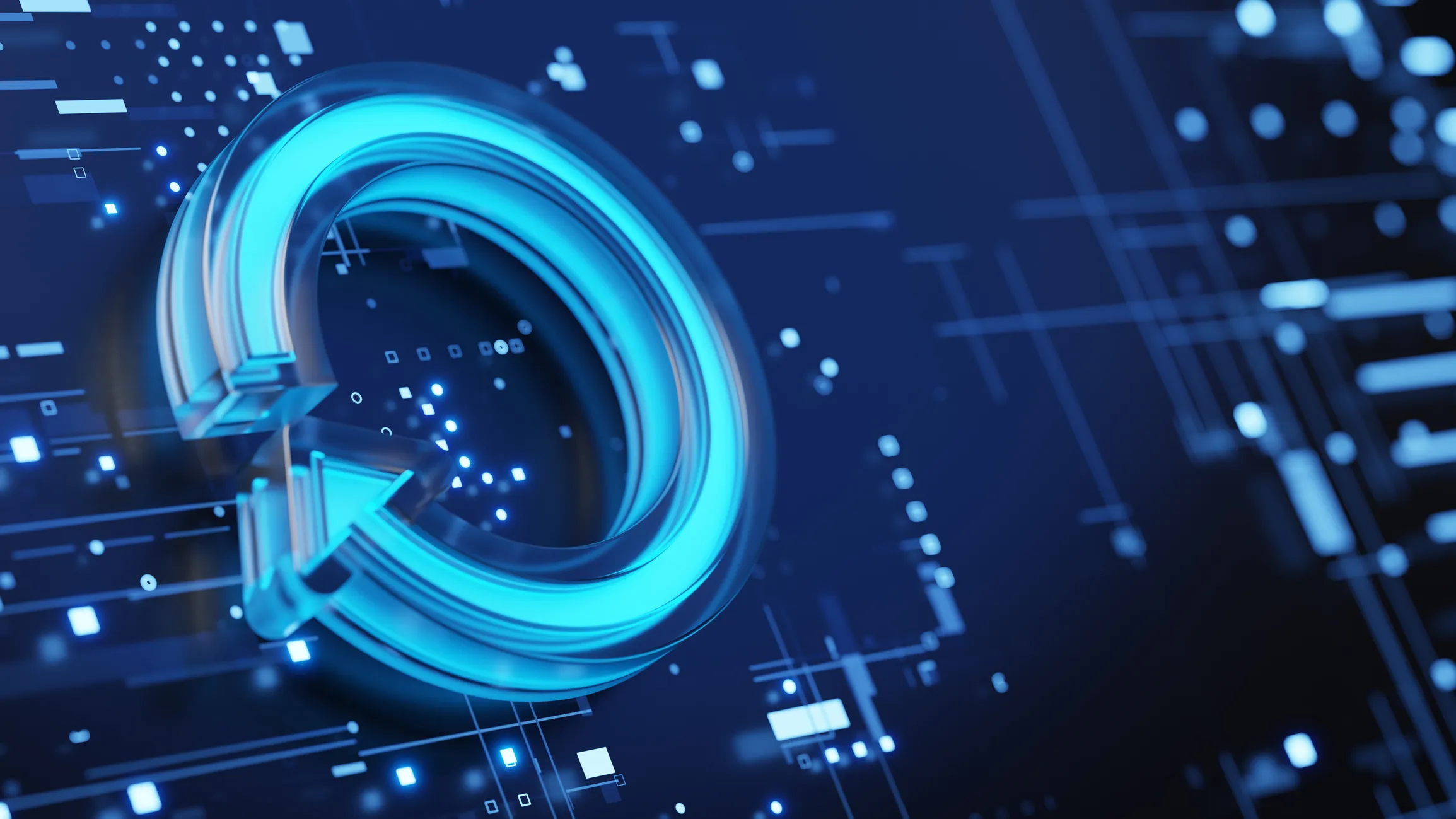 A glowing blue circular arrow icon displayed against a dark digital background with abstract circuitry patterns. The image represents changes or updates.